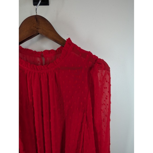 Julia Jordan Red Swiss Dot Tiered Long Sleeve Mock Neck Belted Dress Size 14 - Picture 4 of 10